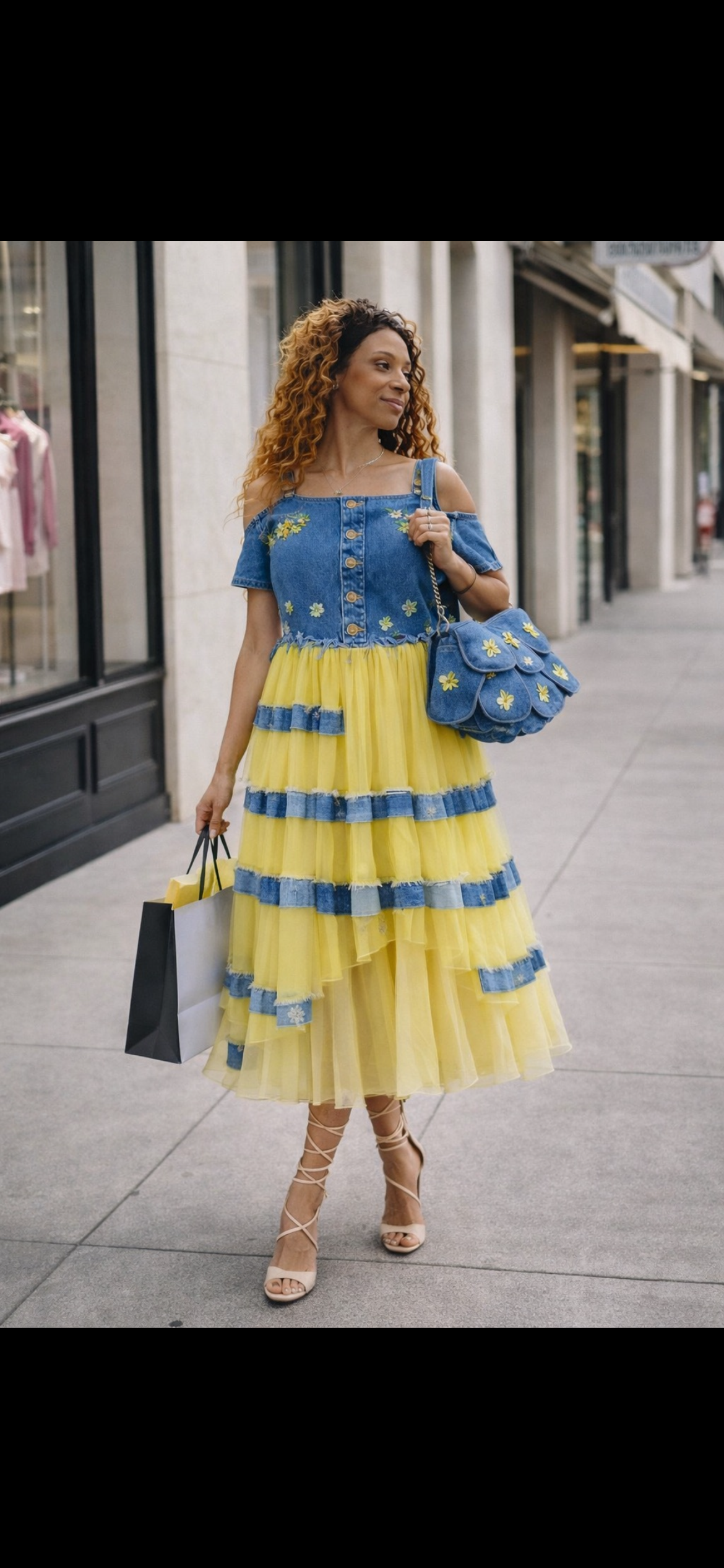 Mixed media denim and patterned midi dress