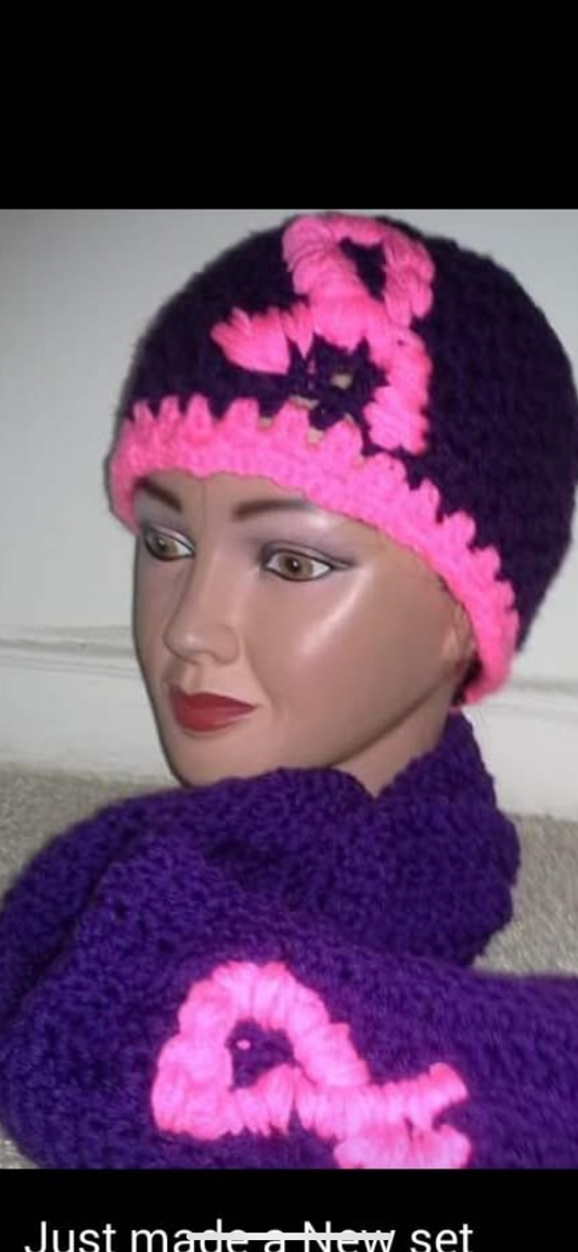 Breast Cancer Awareness 2 Piece Crochet Hat and Scarf Set