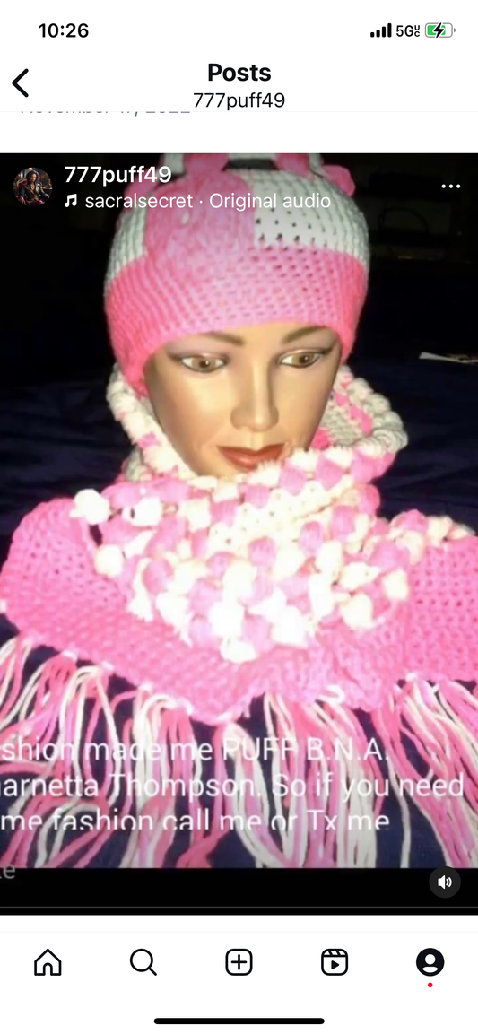 Pink and White Two Piece Crochet Floral Embellished Hat with High Neck Scarf with Fringe