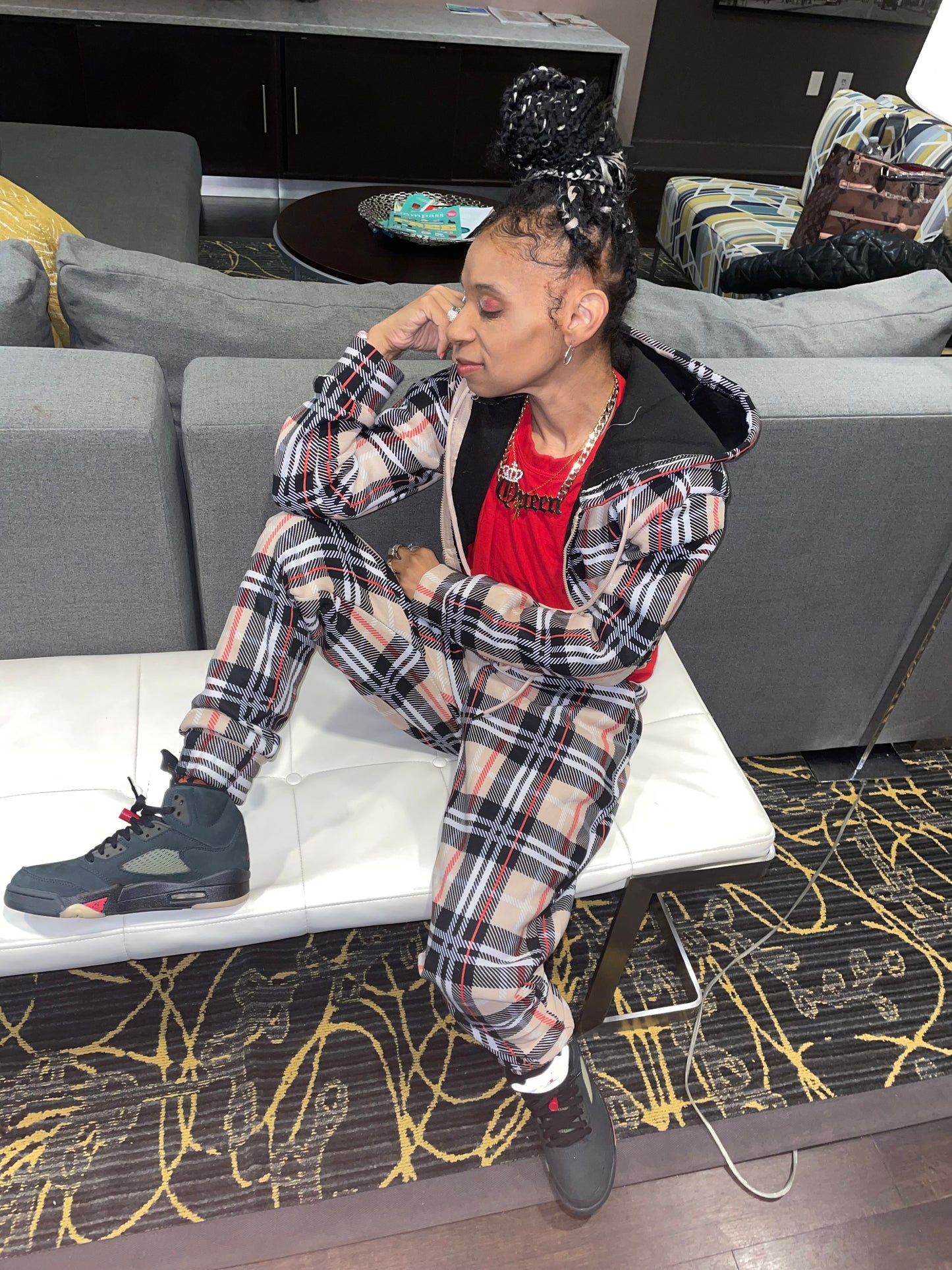 Tan Plaid 2 Piece Sweatsuit